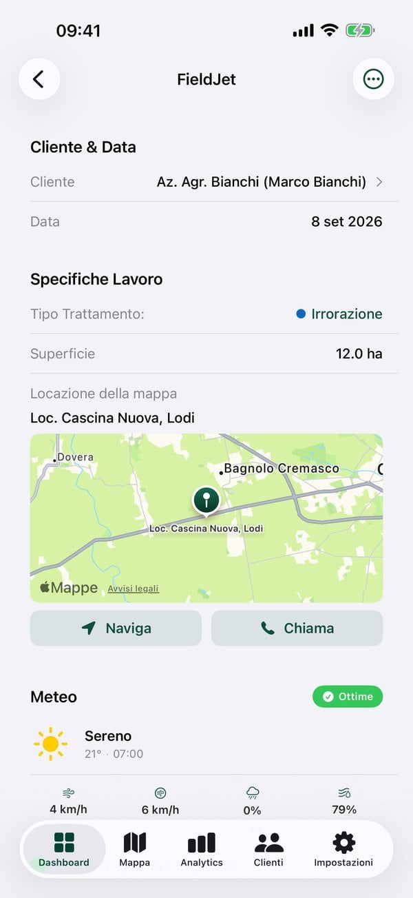 Dettaglio intervento con mappa e condizioni meteo