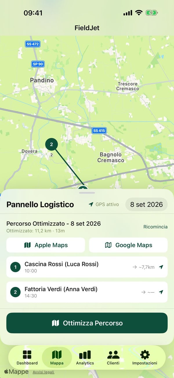 Mappa con percorso ottimizzato tra gli interventi